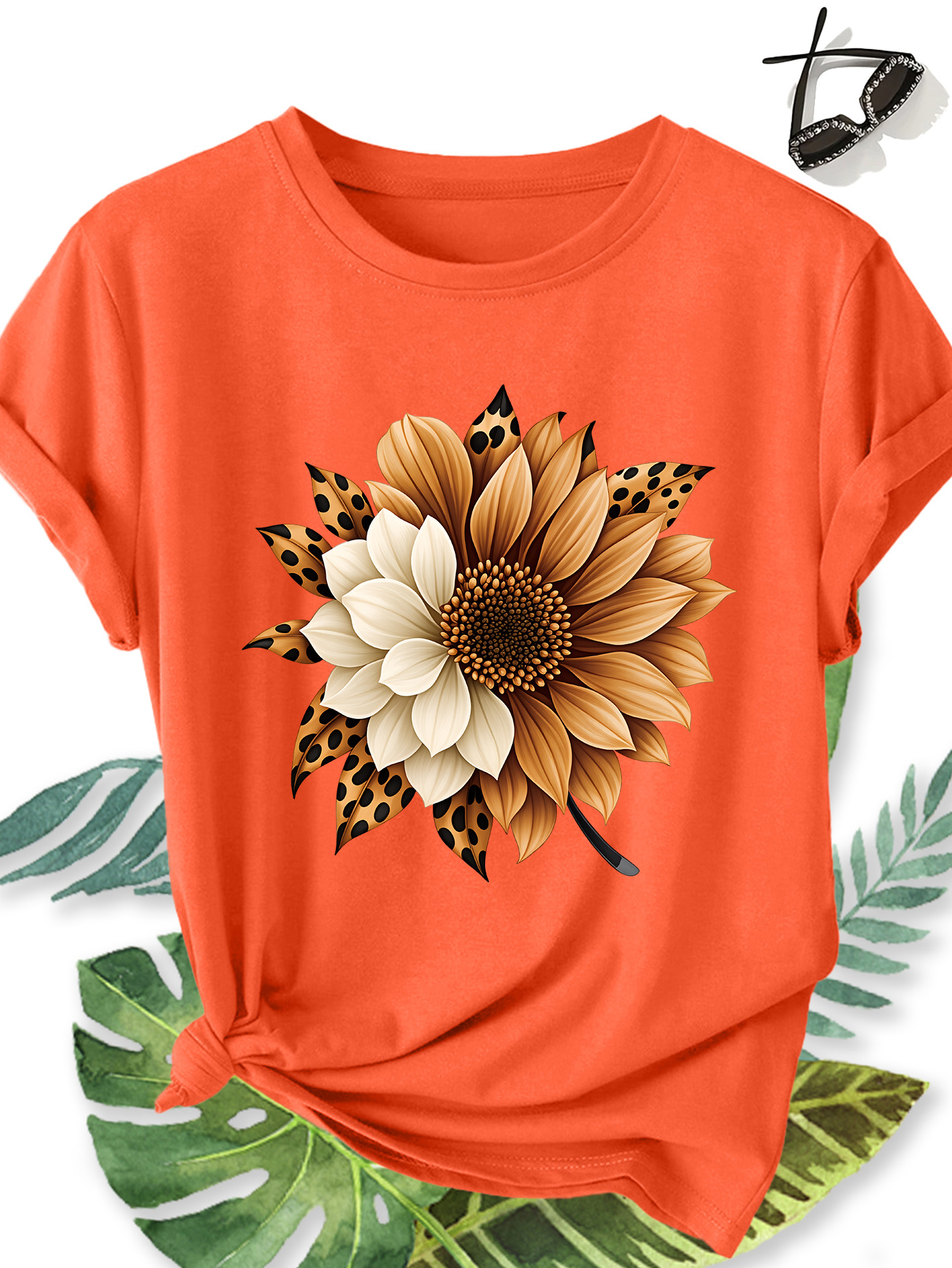 T-shirt Femme Tournesol — Motif Floral & Imprimé Léopard T-shirt Femme Élégant Grande Taille Manches Courtes, Motif Floral Tournesol et Imprimé Léopard, Col Rond Confortable Doux et Respirant, Nouvelle Collection Printemps Été, Cadeau Idéal, Haut Rétro Décontracté Tendance pour le Quotidien, les Voyages et les Trajets Domicile-Travail