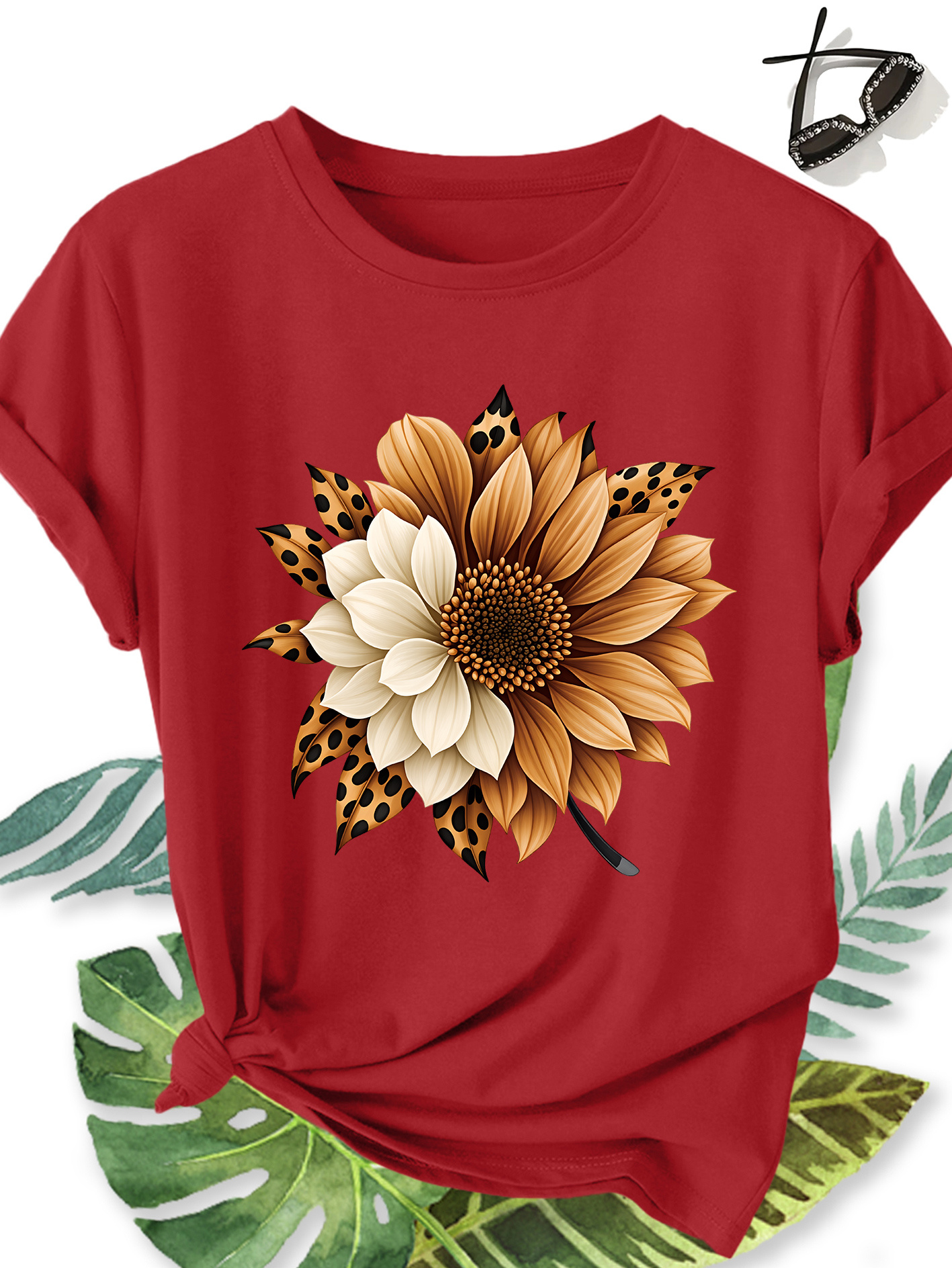 T-shirt Femme Tournesol — Motif Floral & Imprimé Léopard T-shirt Femme Élégant Grande Taille Manches Courtes, Motif Floral Tournesol et Imprimé Léopard, Col Rond Confortable Doux et Respirant, Nouvelle Collection Printemps Été, Cadeau Idéal, Haut Rétro Décontracté Tendance pour le Quotidien, les Voyages et les Trajets Domicile-Travail