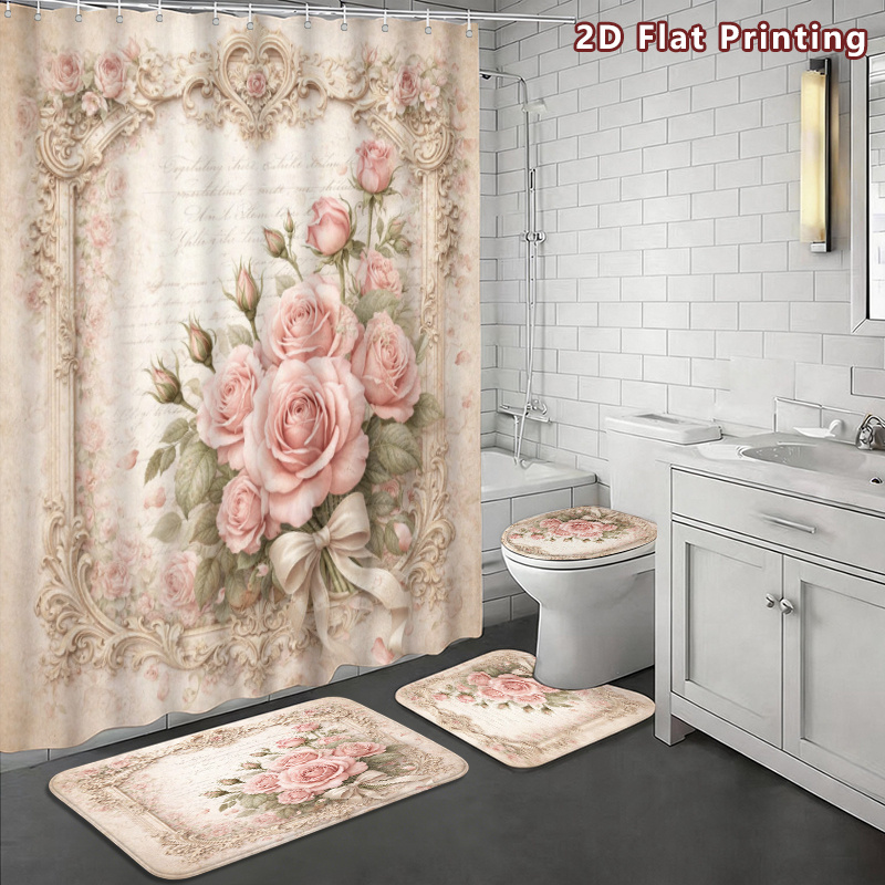 TEMU 2d Flat, 2d Flat, 2d Flat 4pcs Pink Curtain Set, Rose With Ornate Frame Bathroom Decor, Additions With, U-shaped, Toilet Lid Cover, Shower