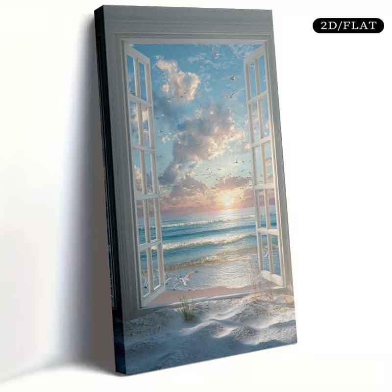 Stampa artistica da parete su tela con cornice grande 2D piatta, 1 pezzo - Cornice 19.68in/50cm x 39.37in/100cm, arte da parete moderna astratta su tela per soggiorno, finestra aperta su vista spiaggia serena, decorazione per la casa, tela, murale elegante, poster, decorazione, regalo per la