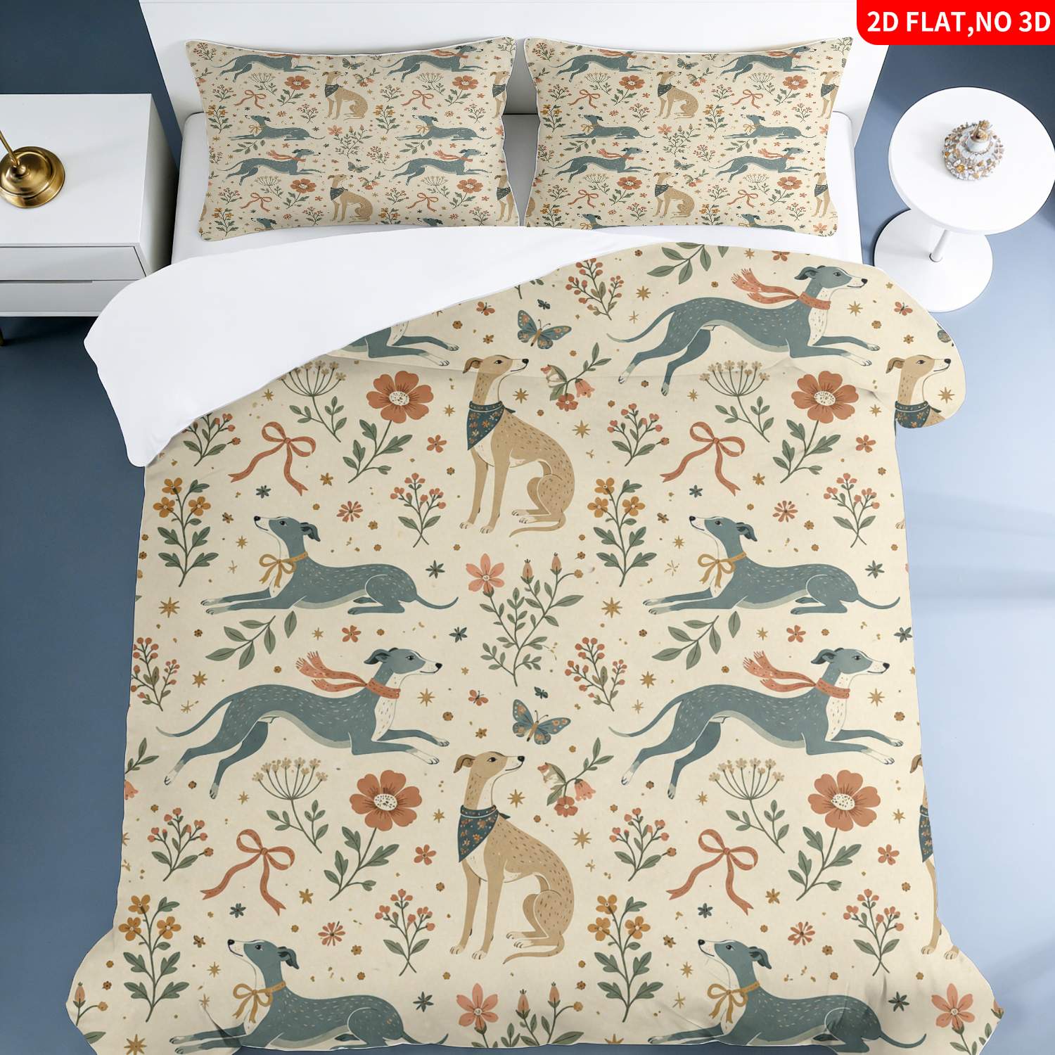 TEMU 2/3pcs 2d Flat Printing Modern Boho Greyhound Dog Quilt Cover Bedding Beige With Floral Pattern Suitable For Multiple Sizes 4 Lining Colors Are