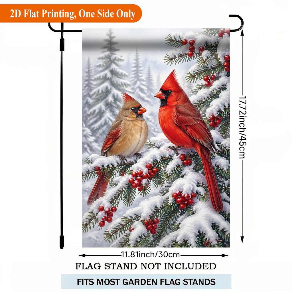 TEMU Plat 2D, Drapeau de Jardin Imprimé Plat 2D 1 pièce, Drapeau de Jardin en Polyester à Face Unique Oiseaux de Noël sur un Arbre, Bannière de Cour
