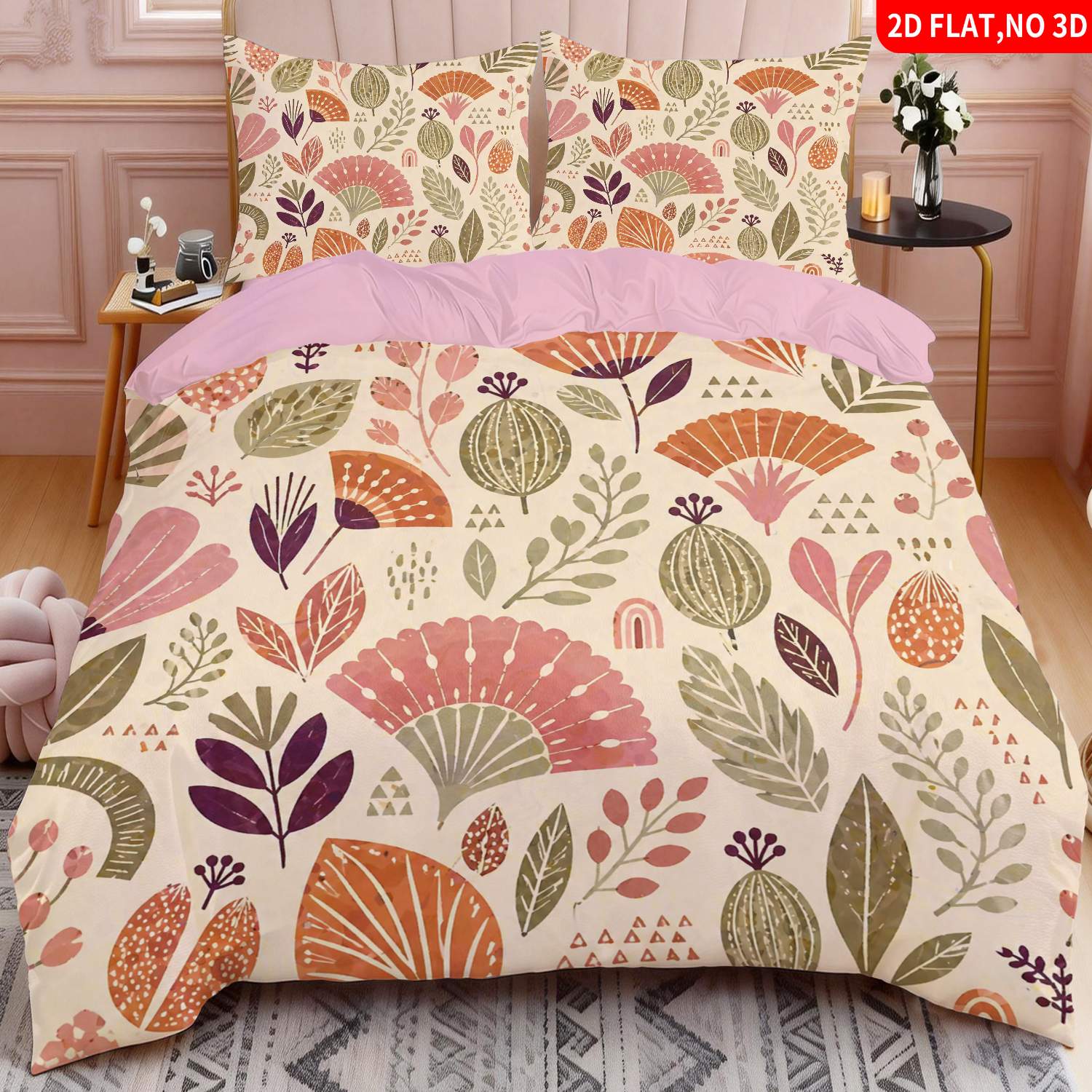 TEMU 2/3pcs 2d Flat Printing Boho Chic Botanical Quilt Cover Bedding Beige Pink Green Abstract Floral Leaf Print Suitable For Multiple Sizes 4 Lining