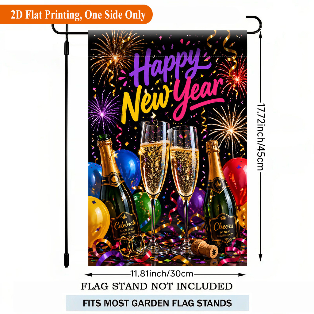 TEMU 2d Flat, 2d Flat Printing Garden Flag 1pc, Happy New Year Celebration Single Sided Polyester Garden Flag, Holiday Yard Banner, For Outdoor Home,