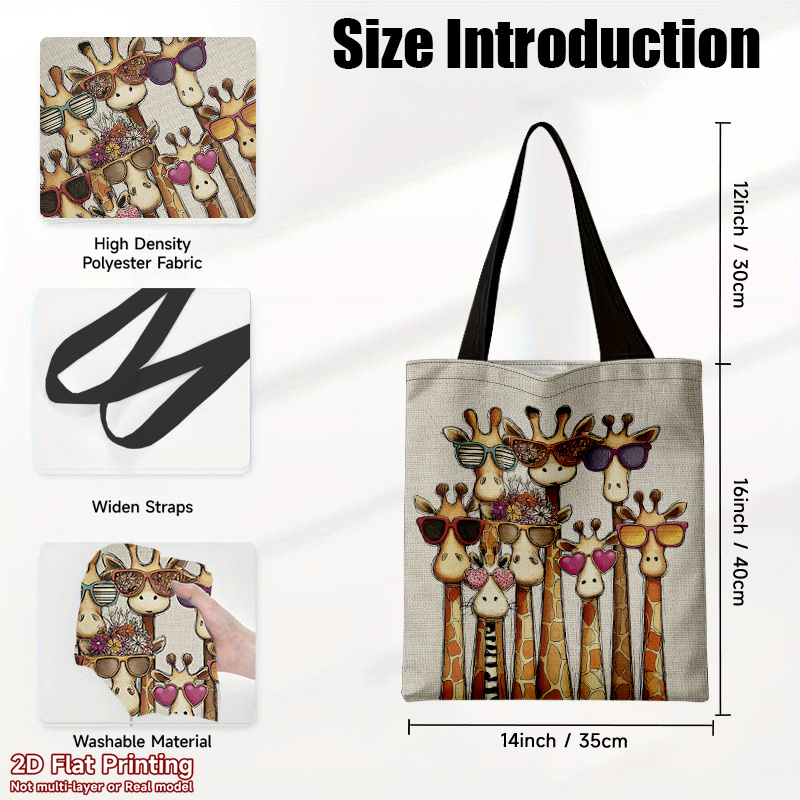 TEMU 1pc Giraffe Print Handbag Suitable For &, Large-capacity Foldable Shoulder Bag With Giraffes In Colorful Fashion Glasses, Durable Polyester Tote