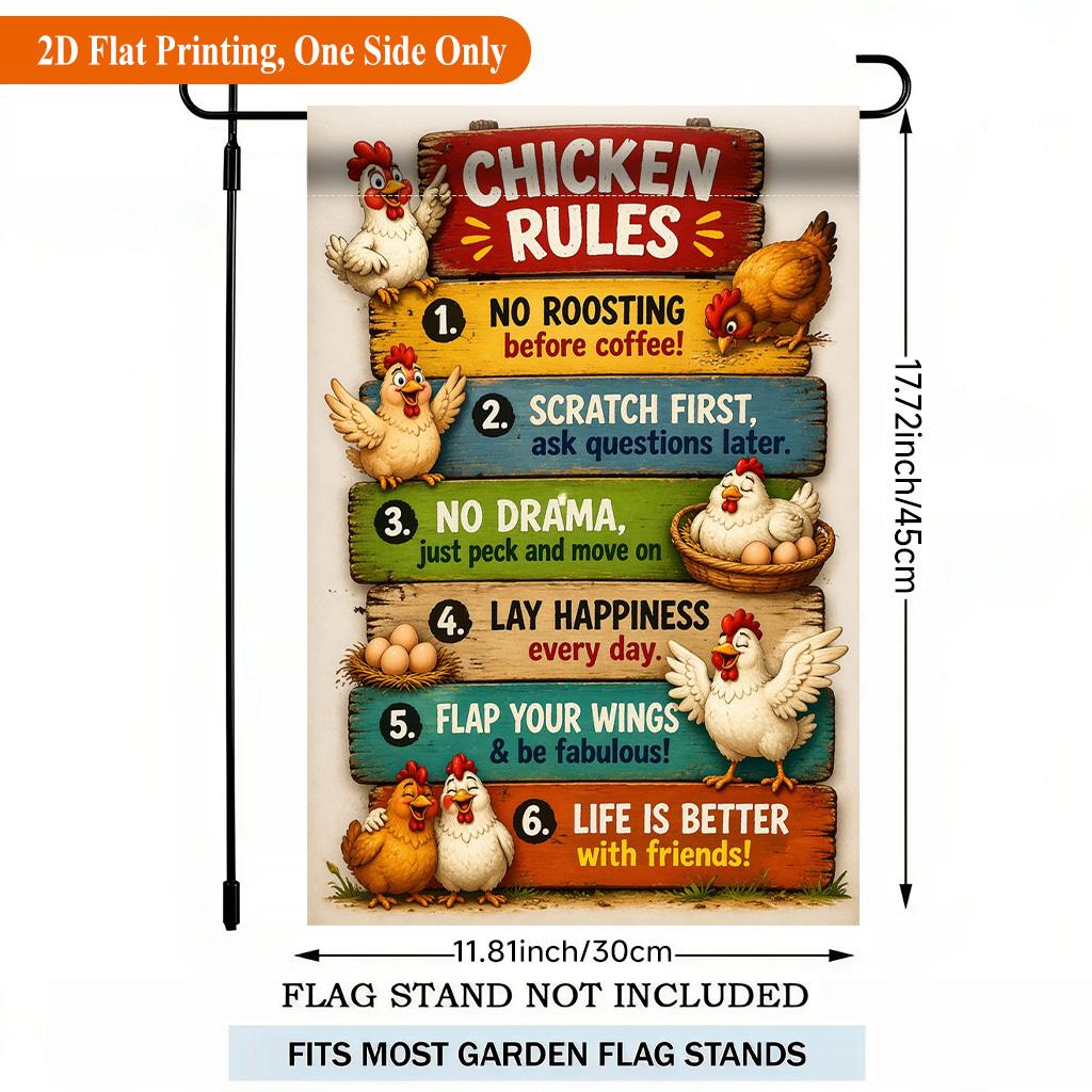 TEMU 2d Flat - 2d Flat - 2d Flat Printing Garden Flag 1pc, Chickens Daily Living Rules Single Sided Polyester Garden Flag, Holiday Yard Banner, For