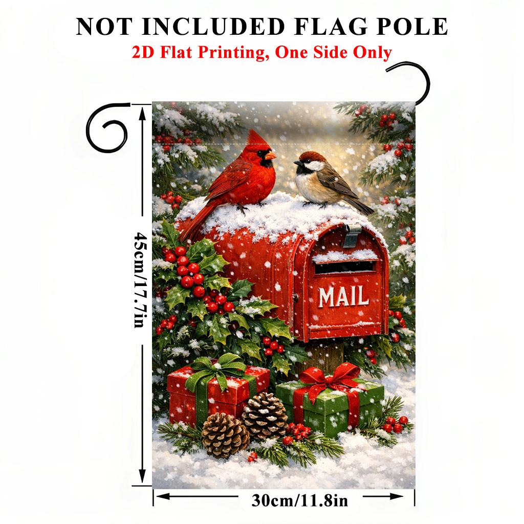 TEMU Drapeau de jardin plat 2D, impression plate 2D, 1 pièce, drapeau de jardin de Noël avec oiseaux enneigés - Impression recto, décoration
