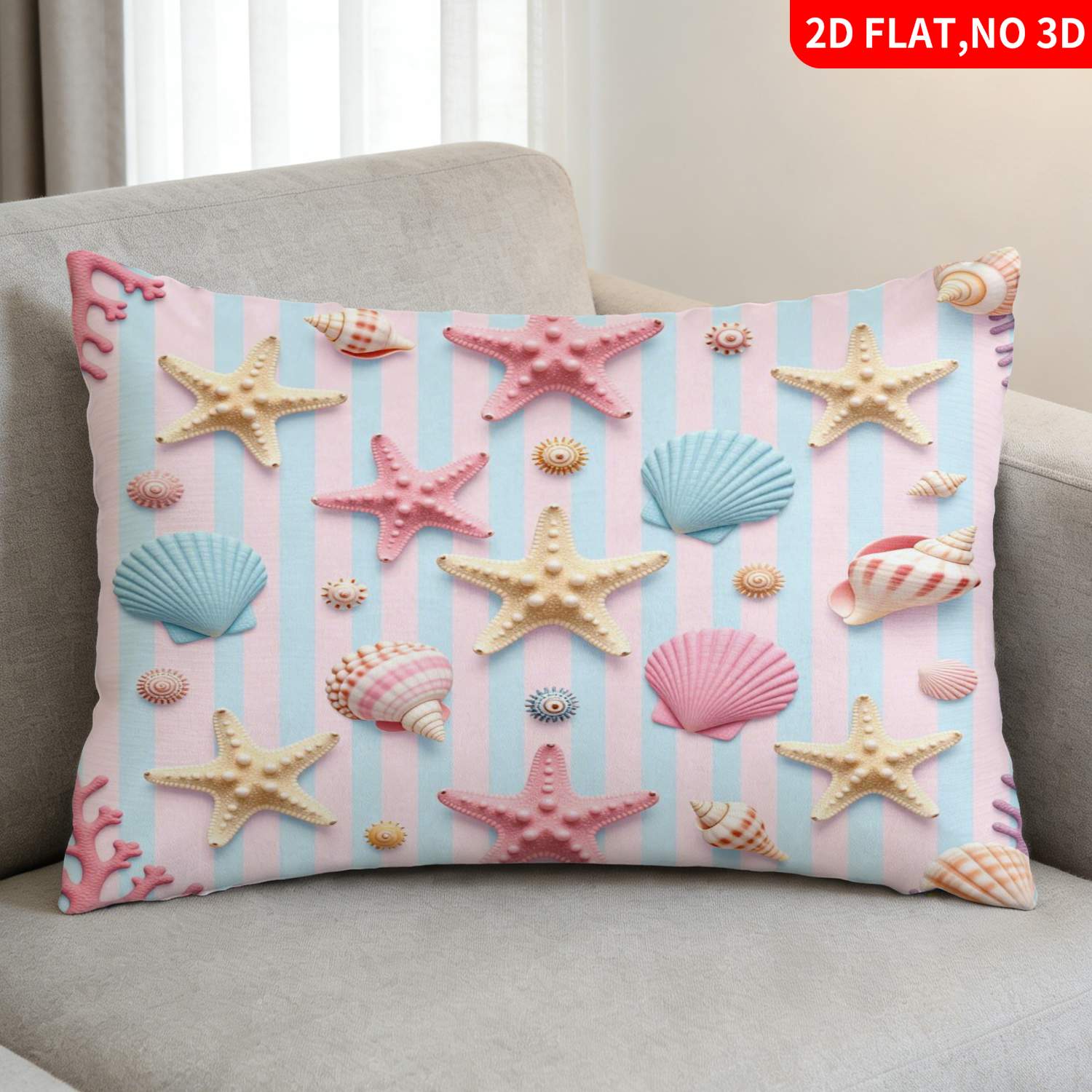 TEMU 1pc Pillowcase (pillow Inserts Not Included) 2d Flat Print Coastal Beach Style Striped Background With Starfish, Seashells, Coral Print Pattern