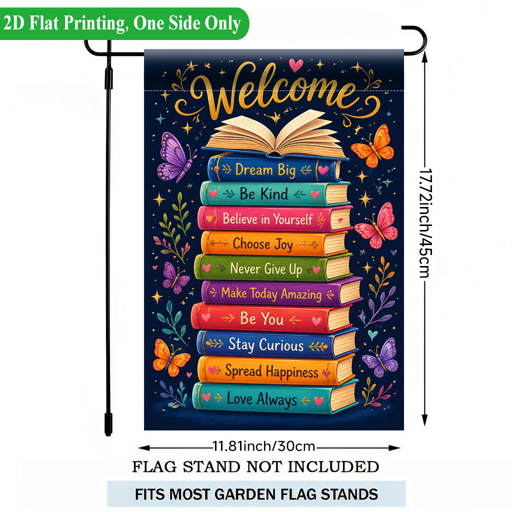 TEMU Drapeau de jardin plat 2D - Impression 2D - 1pc, Livres inspirants colorés empilés, Drapeau de jardin simple face, Polyester, Bannière de jardin
