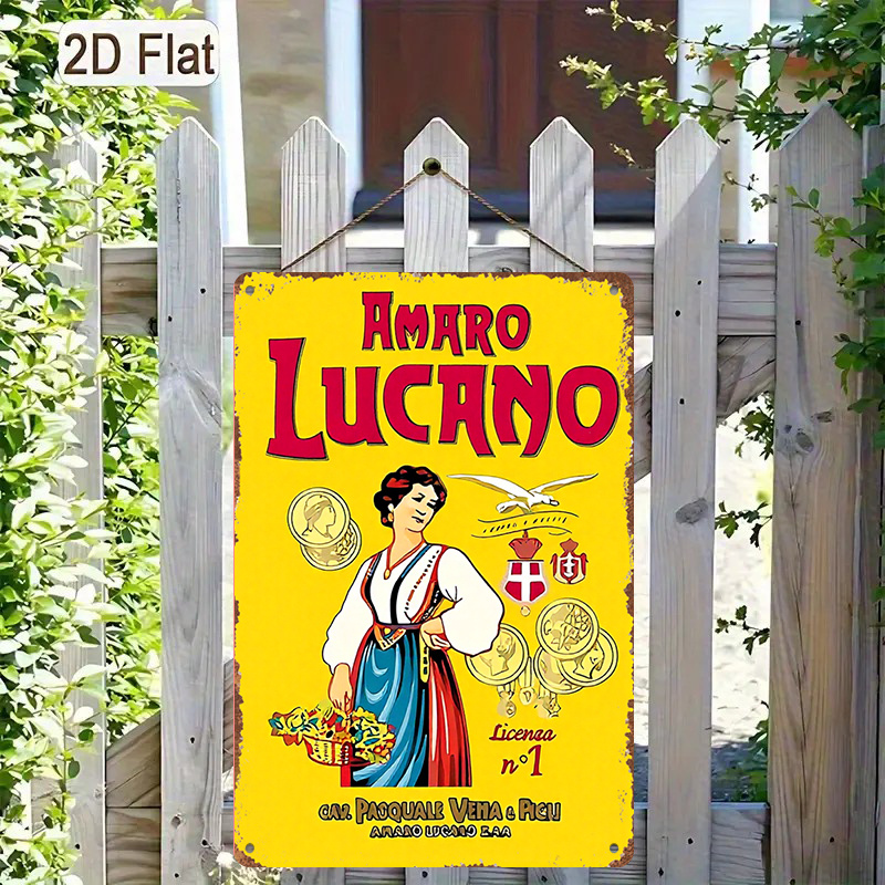 TEMU 1 pz Pittura Decorativa Retro Stile 2D Flat "AMARO LUCANO", Sfondo con Donna che Stringe un Cesto di Fiori, con Monete e Distintivi. Adatta per