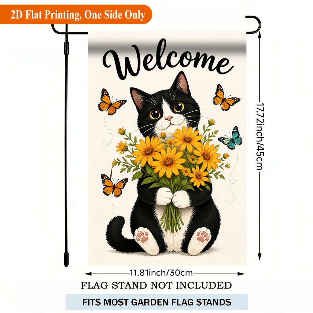 TEMU 2d Flat - 2d Flat - 2d Flat Printing Garden Flag 1pc, Cute Cat Holding Flowers Single Sided Polyester Garden Flag, Holiday Yard Banner, For