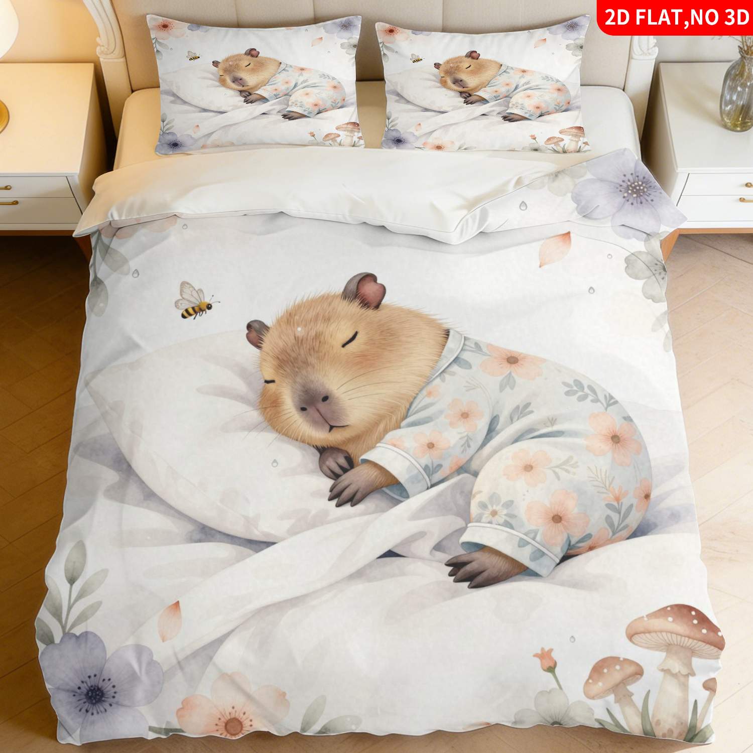 TEMU 2/3pcs 2d Flat Printing Cute Animal Themed Quilt Cover Bedding Soft Pastel Watercolor Capybara In Pajamas Print Suitable For Multiple Sizes 4