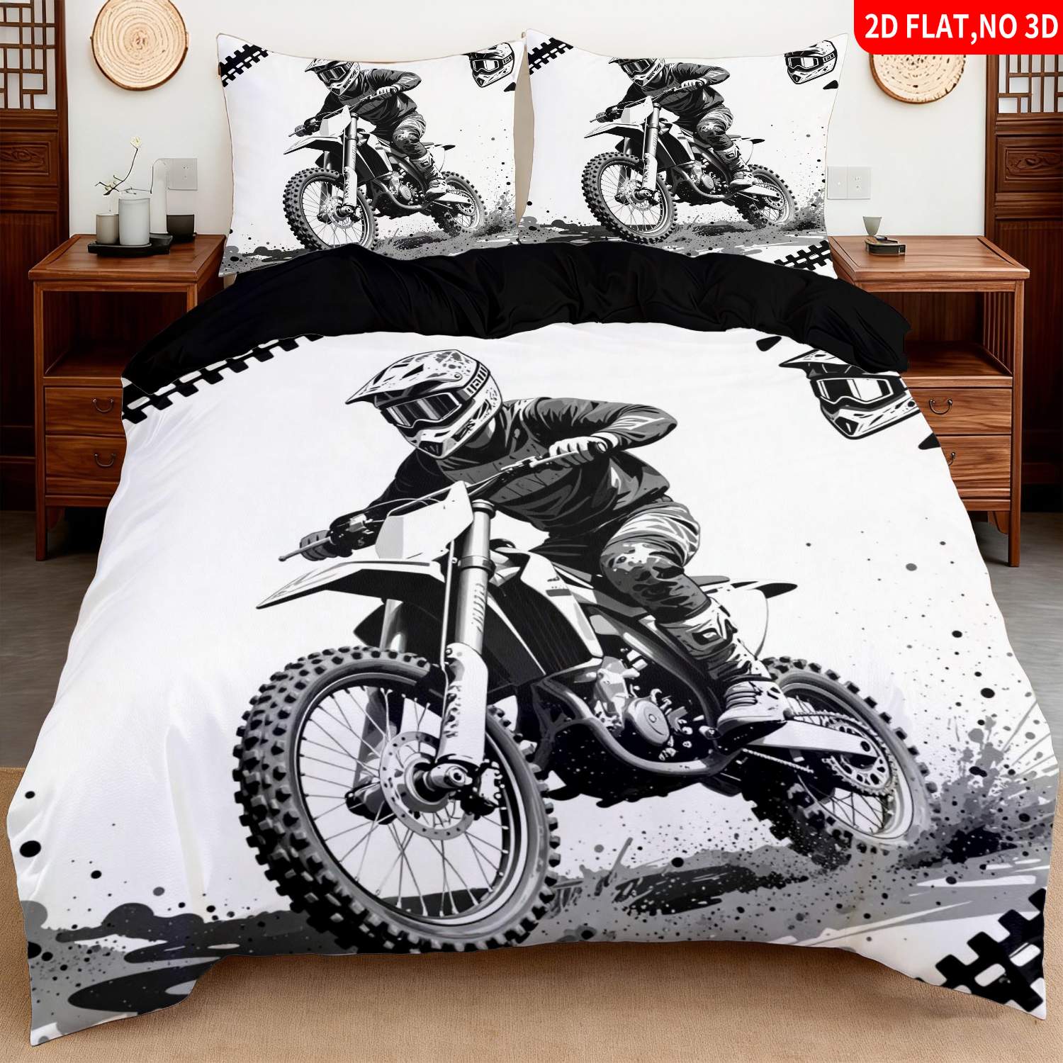 TEMU 2/3pcs 2d Flat Printing Modern Motocross Quilt Cover Bedding Black White Dirt Helmet Print Suitable For Multiple Sizes 4 Lining Colors Are