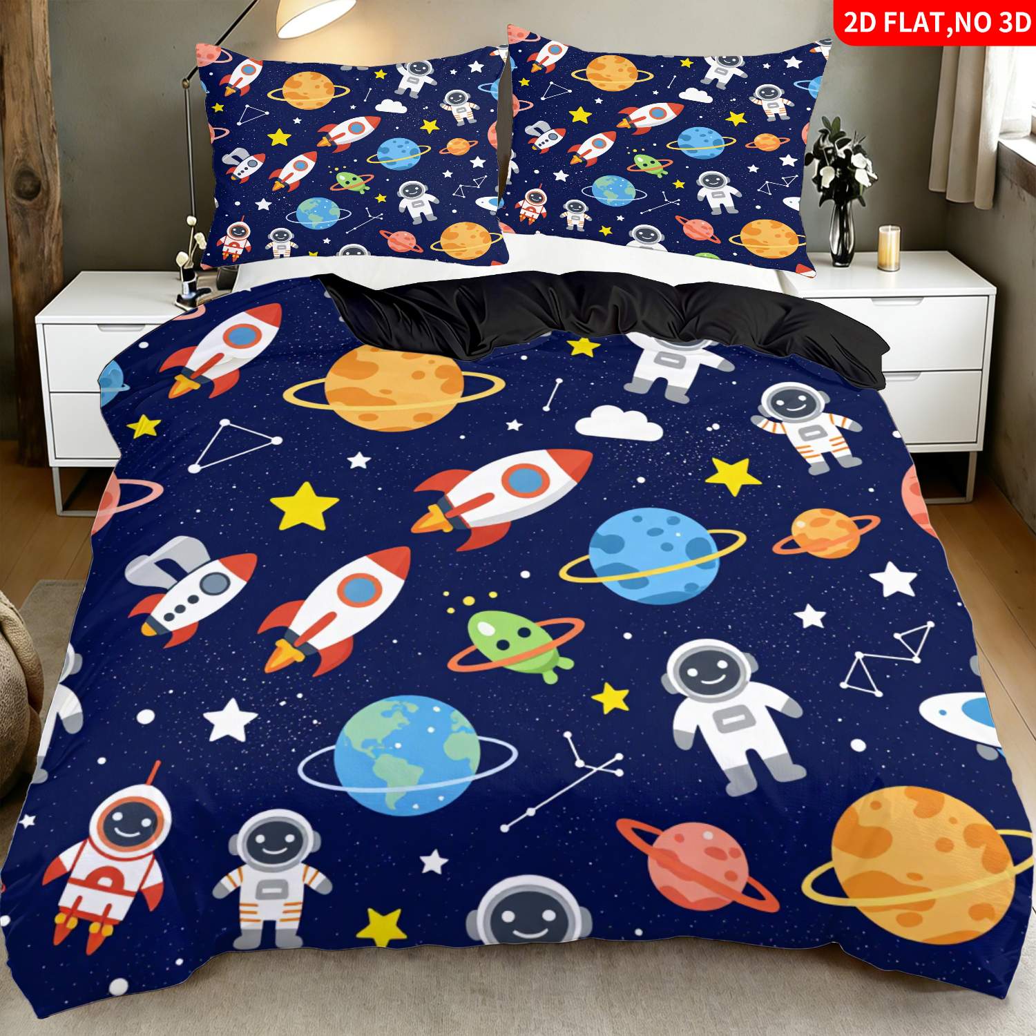 TEMU 2/3pcs 2d Flat Printing Modern Space Theme Quilt Cover Bedding Dark Blue With Astronaut Rocket Pattern Suitable For Multiple Sizes 4 Lining