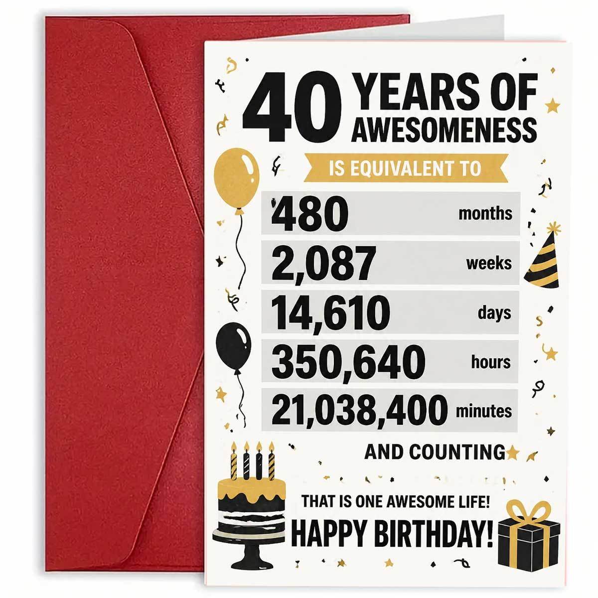 TEMU 1set(an Envelope And A Card) Golden And Black 40th Birthday Card, " Of Is Equivalent To 480 Months 2,087 Weeks 14,610 Days 350,640 Hours