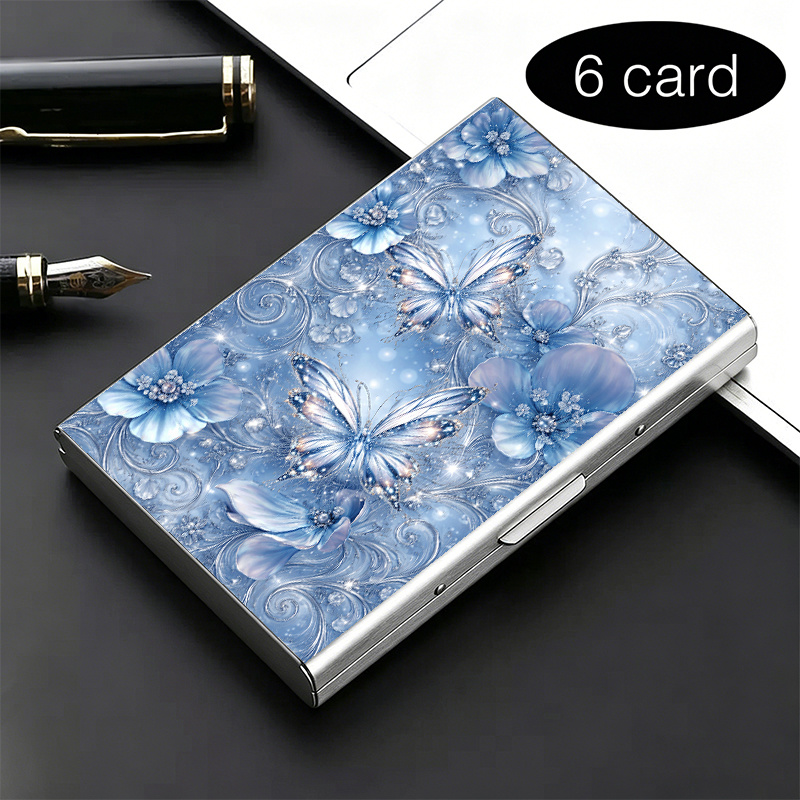 TEMU High-end Stainless Steel Rfid Anti-theft Card Holder | Blue Flower Stylish Black Metal Wallet With Multi-compartment Design | Perfect Gift For