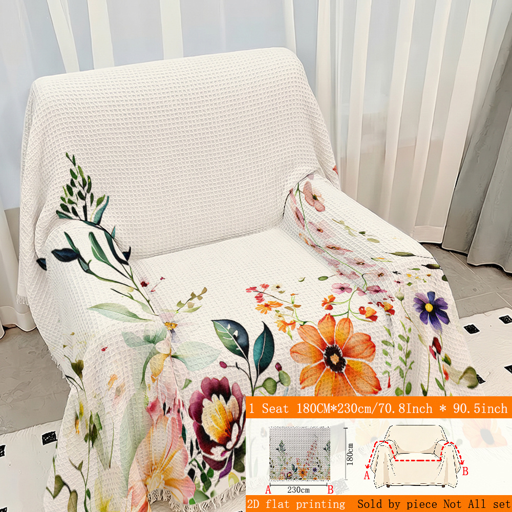 TEMU 1pc 2d Flat Printing Watercolor Floral Nature Waffle Sofa Throw, Full Coverage Sofa Cover, With Tassels, Sofa Dust Cover Blanket, Use