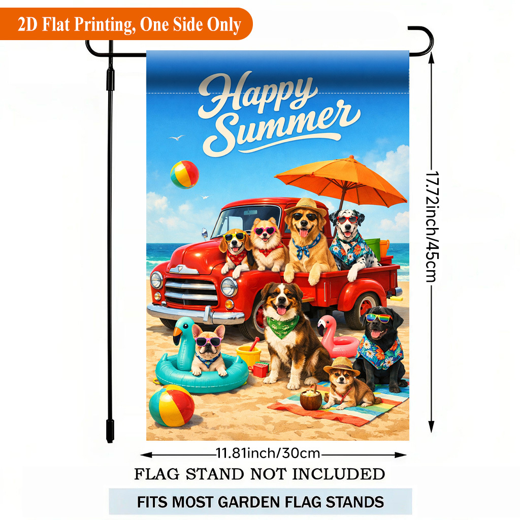 TEMU Drapeau de jardin plat 2D - Impression 2D - 1pc, Drapeau de jardin en polyester recto à motif de plage en été, Bannière de jardin , extérieure,