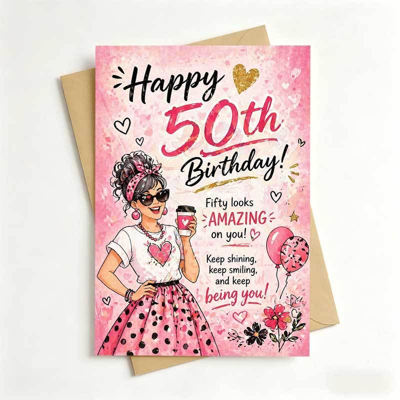 TEMU 1 Greeting Card + 1 Envelope Stylish 50th Birthday Card, Pink Fashion Illustration With Hearts And Balloons, "happy 50th Birthday", Suitable For