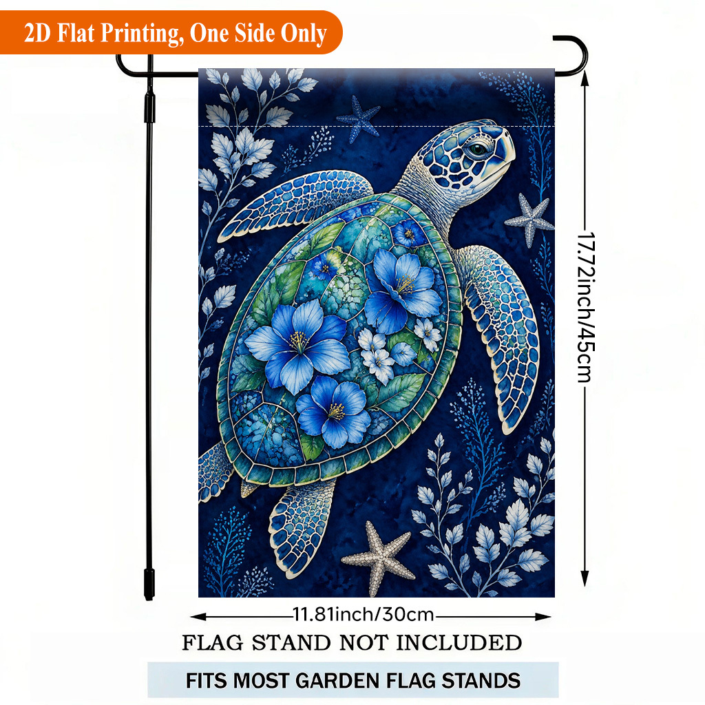 TEMU 2d Flat - 2d Flat - 2d Flat Garden Flag 1pc, Sea Turtle And Blue Flowers Design Single-sided Polyester Material Garden Flag, Holiday Courtyard