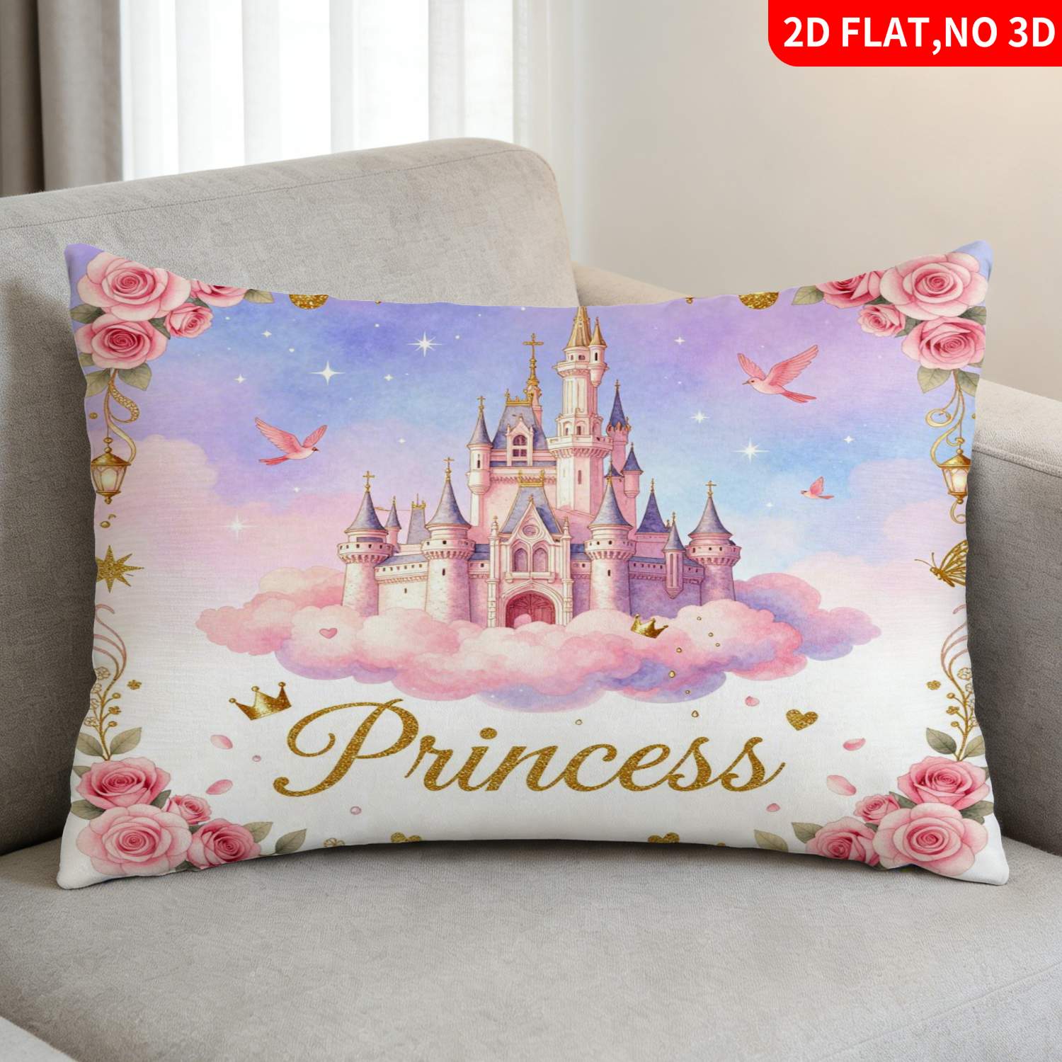 TEMU 1pc Pillowcase (pillow Inserts Not Included) 2d Flat Print Princess Castle Theme Pink Purple Watercolor Castle With Roses Butterflies Stars