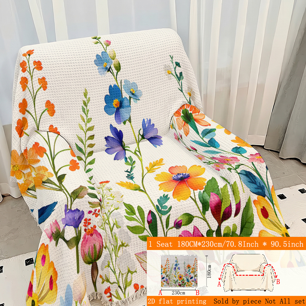 TEMU 1pc 2d Flat Printing Watercolor Style Floral Waffle Sofa Throw, Full Coverage Sofa Cover With Tassels, Sofa Blanket, Use