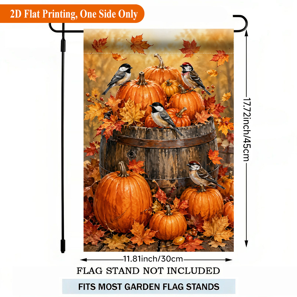 TEMU 2d Flat, 2d Flat Printing Garden Flag 1pc, Autumn Pumpkins And Birds Single Sided Polyester Garden Flag, Holiday Yard Banner, For Outdoor Home,