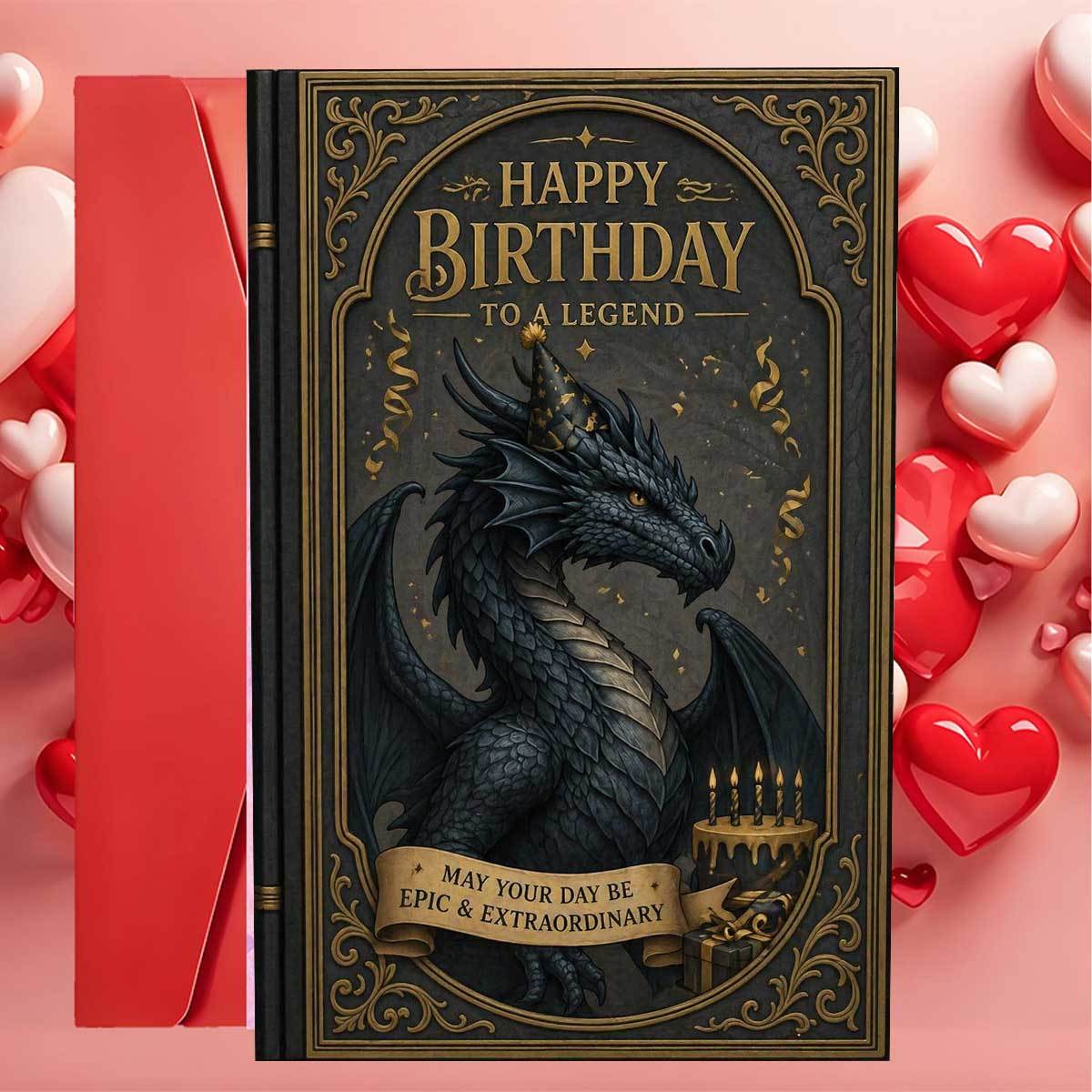 TEMU 1set (an Envelope And A Card) Vintage Black Birthday Card, Happy Birthday To A Legend, Fantasy Dragon With Cake And Candles, Men, High Quality