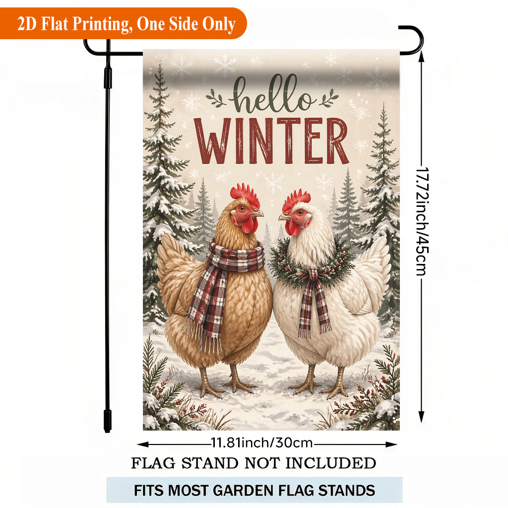 TEMU 2d Flat - 2d Flat - 2d Flat Printing Garden Flag 1pc, Winter Snow Chickens Walking Single Sided Polyester Garden Flag, Holiday Yard Banner, For