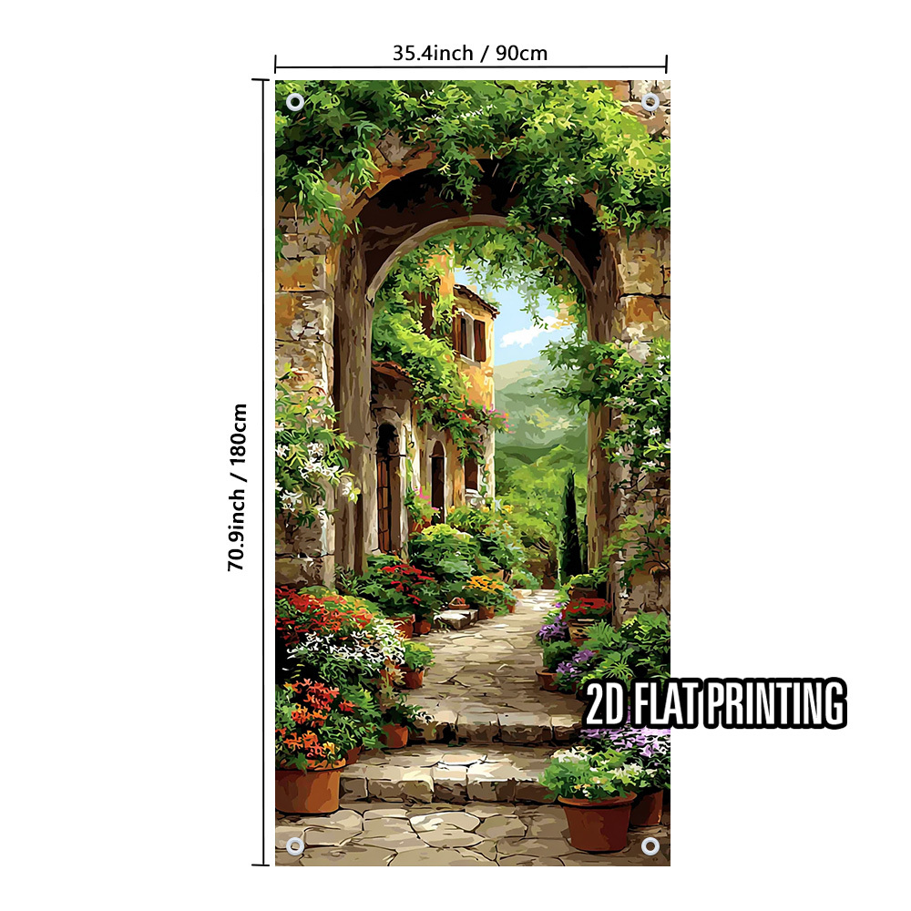 TEMU 2d Flat, 2d Door Banner, 1pc, 2d Flat Printing Stone Archway With Flowering Garden Door Cover Durable, Easy To Hang, No Electricity Needed, With