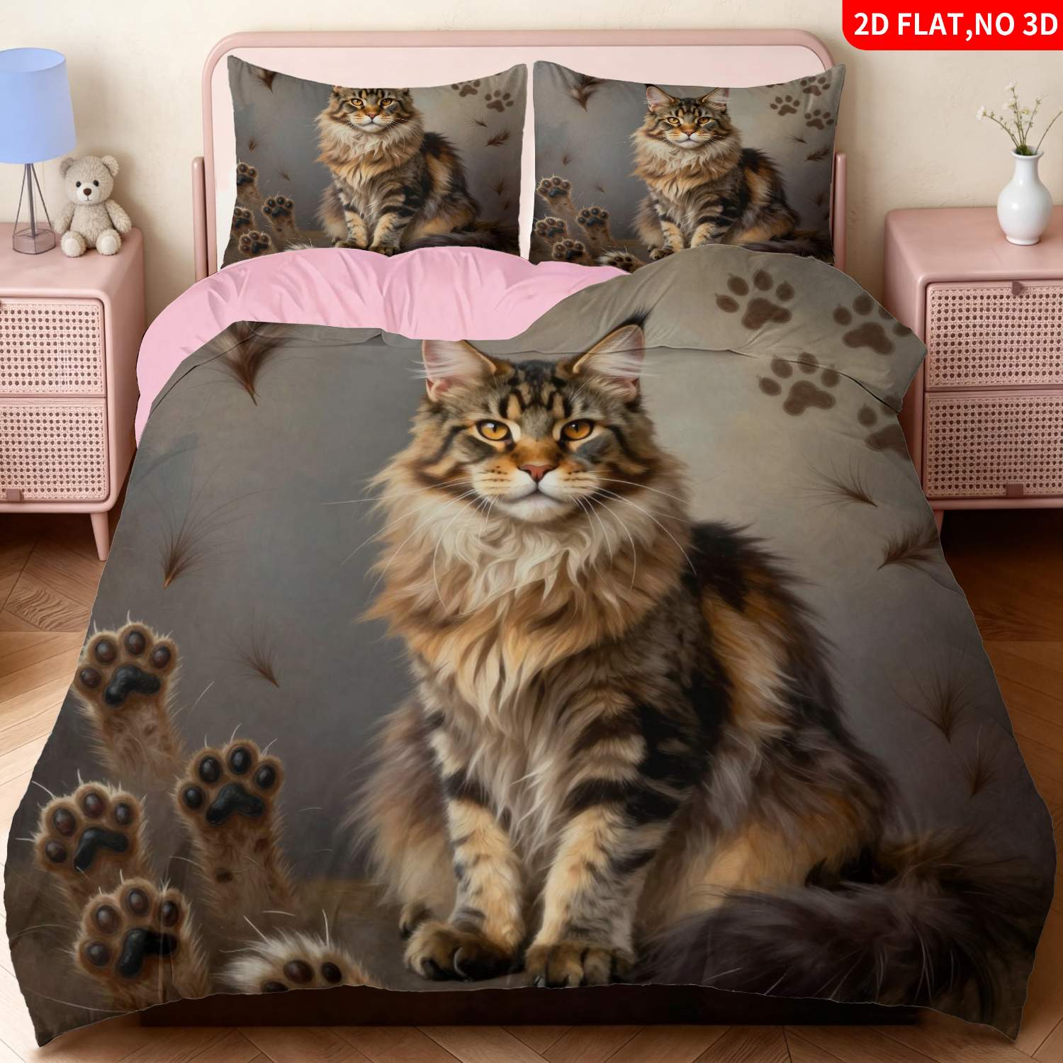 TEMU 2/3pcs 2d Flat Printing Vintage Maine Coon Cat Quilt Cover Bedding Brown Multicolor Cat Paw Feather Print Suitable For Multiple Sizes 4 Lining