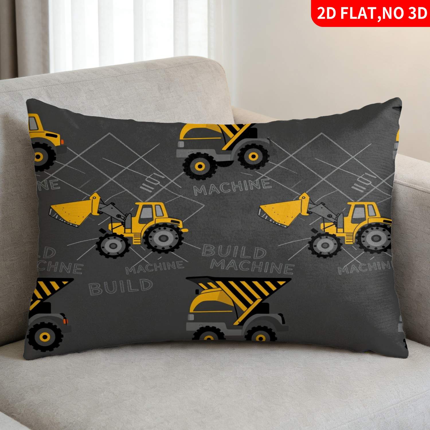 TEMU 1pc Pillowcase (pillow Inserts Not Included) 2d Flat Print Construction Machinery Theme Gray Background With Yellow Bulldozer & Dump Truck