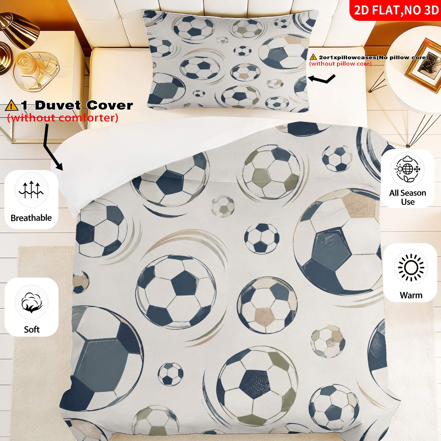 TEMU 2/3pcs 2d Flat Printing Theme Quilt Cover Bedding Multicolor Soccer Ball Pattern Suitable For Multiple Sizes 4 Lining Colors Are Suitable An For