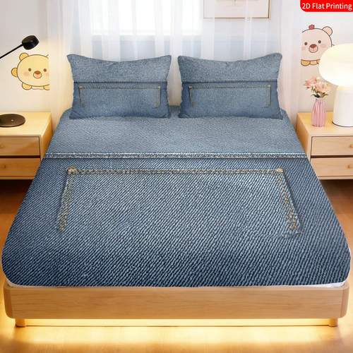 2pcs 3pcs denim bed sheets with pillowcases suitable for bed texture print fitted sheet pillowcases zipper closure machine washable blue denim bedding for or bedroom 2d flat