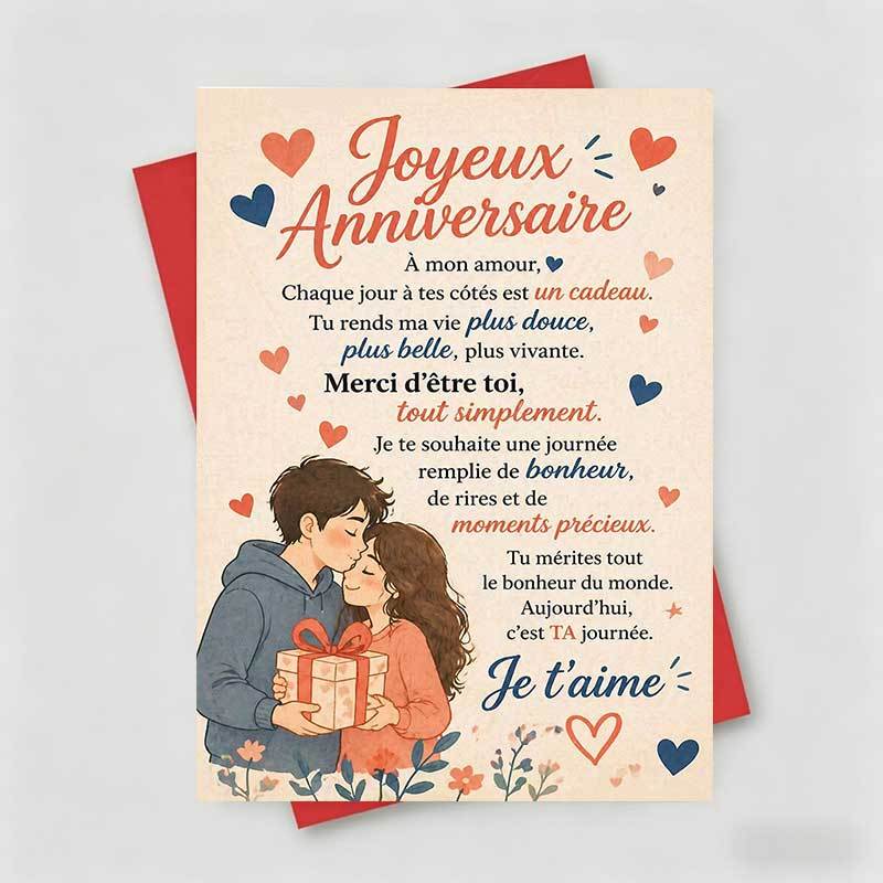 TEMU 1 Carte de Vœux + 1 Enveloppe, Carte d'Anniversaire Française, Couple Amoureux avec Cœurs et Cadeau, "Joyeux Anniversaire ", Convient pour ,