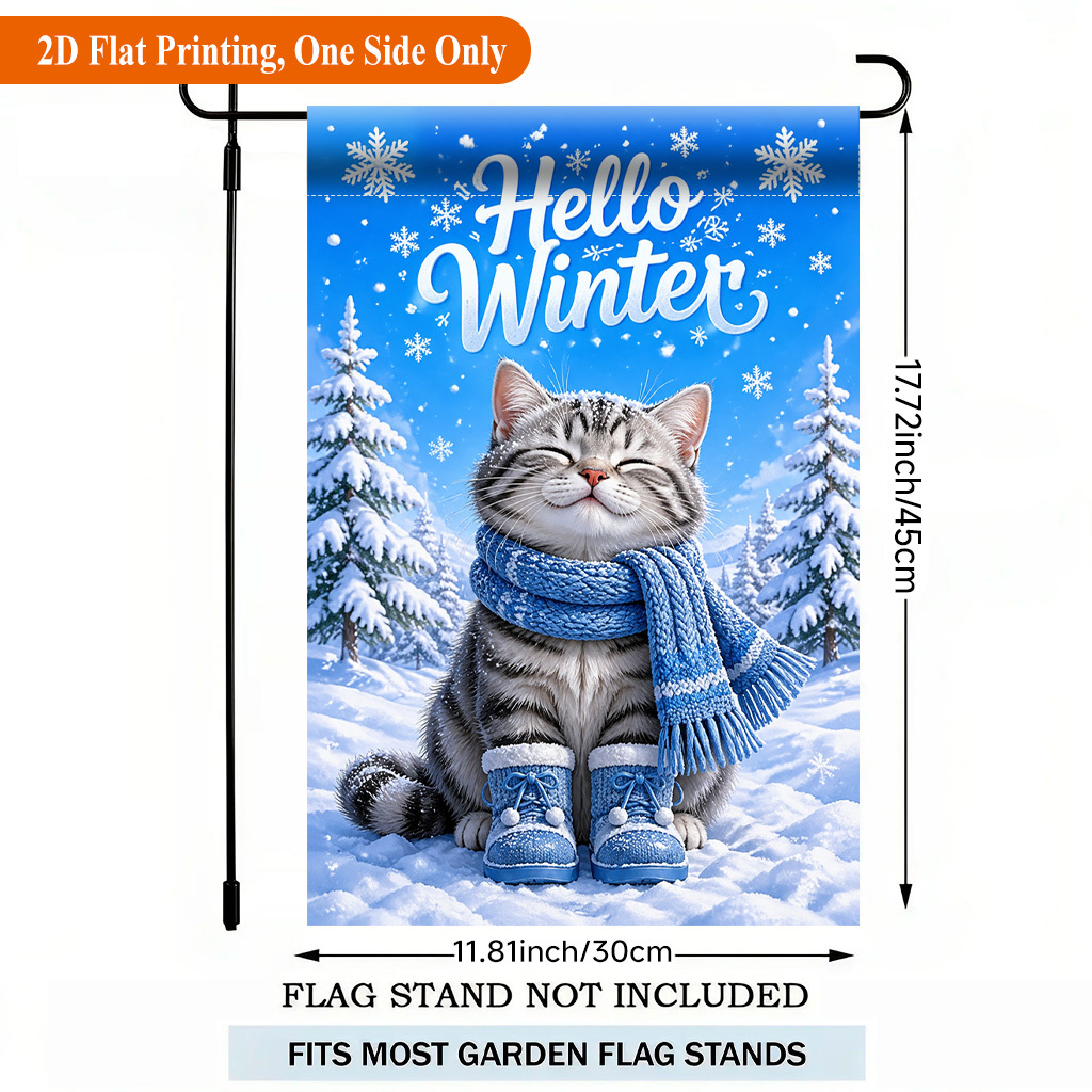 TEMU 2d Flat - 2d Flat - 2d Flat Printing Garden Flag 1pc, Kitten In Winter Snow Single Sided Polyester Garden Flag, Holiday Yard Banner, For Outdoor