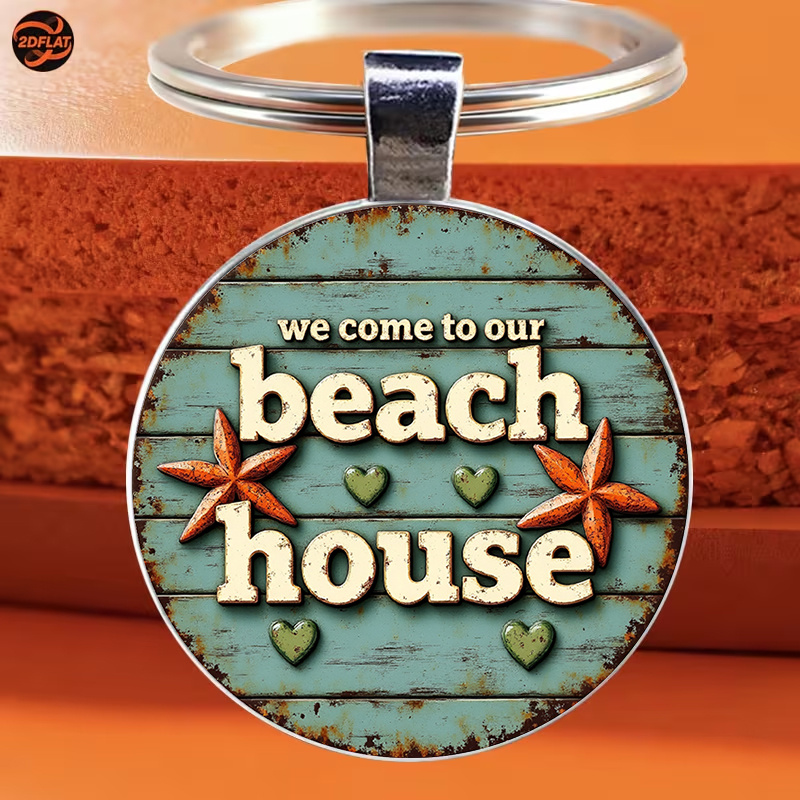 TEMU 1pc Round Keychain, Retro Beach Theme Weathered And Cream Lettering, Perfect For Home Decorators, Ideal Coastal , Warm Holiday Wall Art Gift,