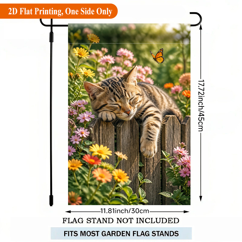 TEMU Drapeau de jardin plat 2D - Impression 2D - 1 pièce, Chat sur un côté en polyester, Bannière de jardin pour les fêtes, extérieure, Décoration de