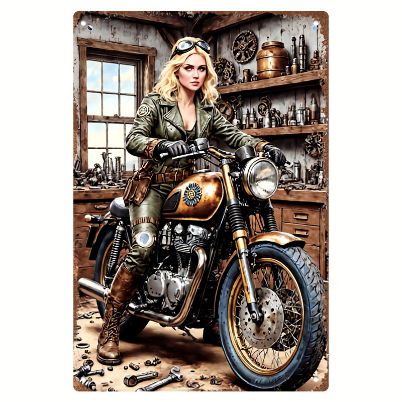 TEMU 2d Flat, 1pc 2d Flat Metal Sign, Vintage Style Female Rider With Motorcycle Decorative Art, Featuring A Tool Rack And Workbench In The