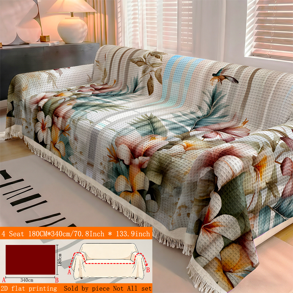 TEMU 1pc 2d Flat Printing Watercolor Floral Decorative Waffle Weave Sofa Towel, Full Coverage Sofa Slipcover With Tassels, Sofa Dust Cover Blanket,