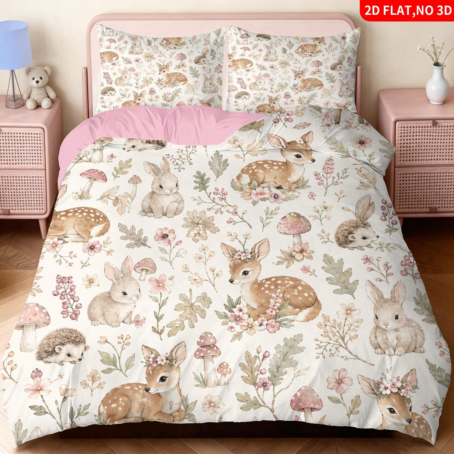 TEMU Parure de lit 2/3 pièces avec housse de couette à impression 2D plate, motif dessin d'animaux des bois beiges, , lapin, hérisson, et imprimé