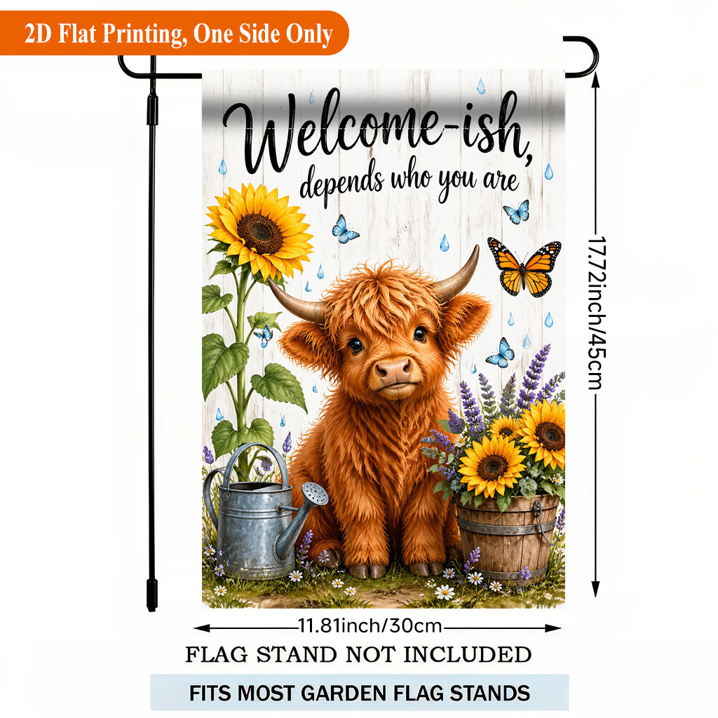 TEMU 2d Flat - 2d Flat - 2d Flat Printing Garden Flag 1pc, Sunflowers Cow With Butterflies Single Sided Polyester Garden Flag, Holiday Yard Banner,