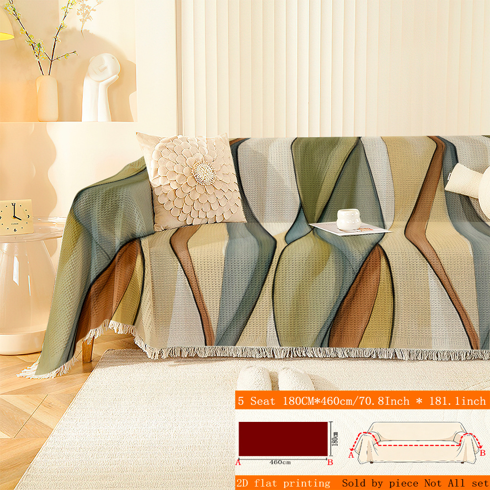 TEMU 1pc 1pcs Waffle Weave Sofa Cover With Tassels - Green-brown Gradient Suitable For , Full-coverage Fit Slipcover For