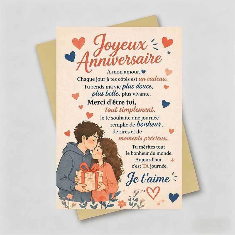 TEMU 1 Carte de Vœux + 1 Enveloppe, Carte d'Anniversaire Française, Couple Amoureux avec Cœurs et Cadeau, "Joyeux Anniversaire ", Convient pour ,