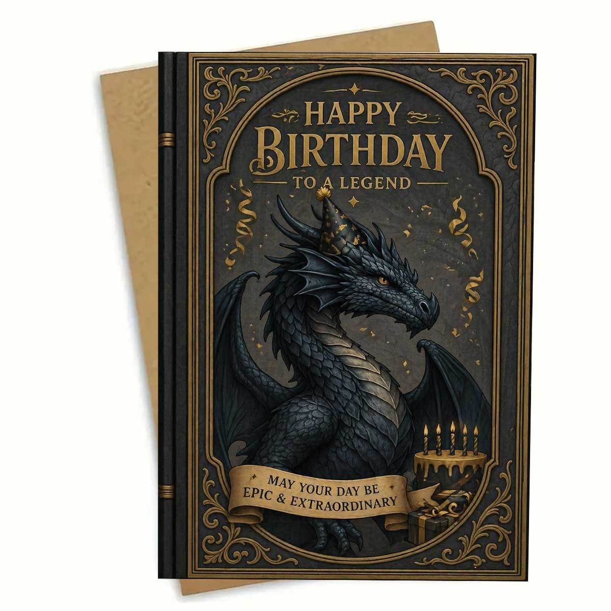 TEMU 1set (an Envelope And A Card) Vintage Black Birthday Card, Happy Birthday To A Legend, Fantasy Dragon With Cake And Candles, Men, High Quality