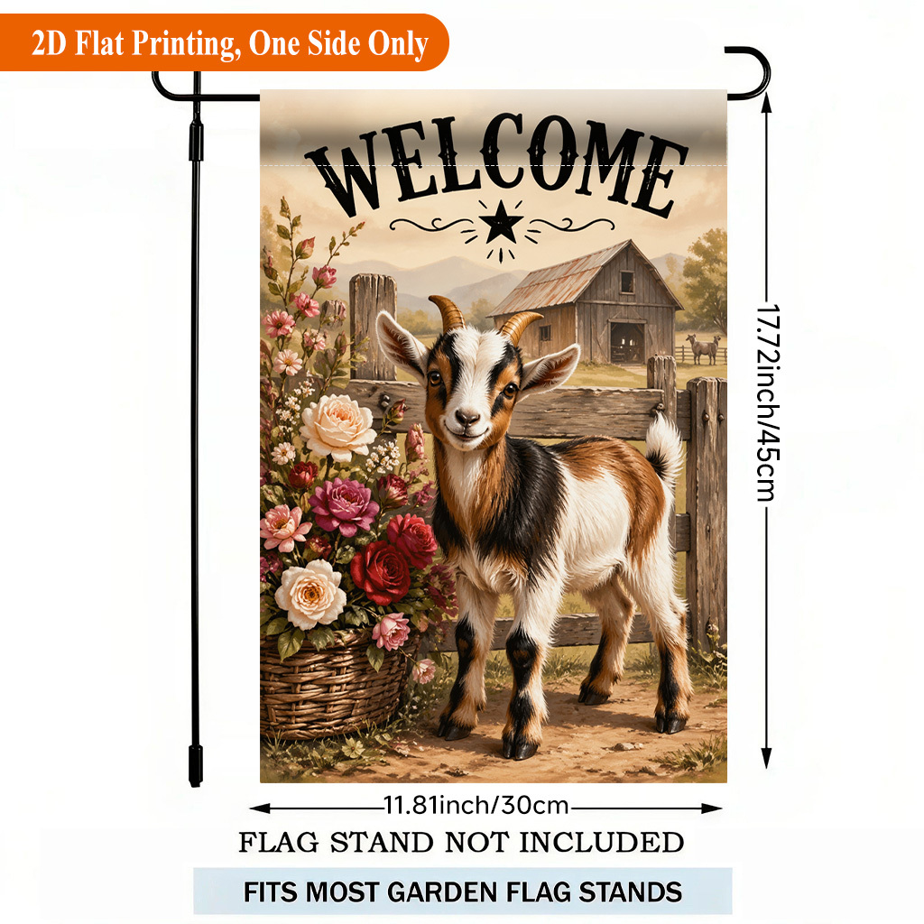 TEMU 2d Flat - 2d Flat - 2d Flat Printing Garden Flag 1pc, Goat Barn Flowers Single Sided Polyester Garden Flag, Holiday Yard Banner, For Outdoor