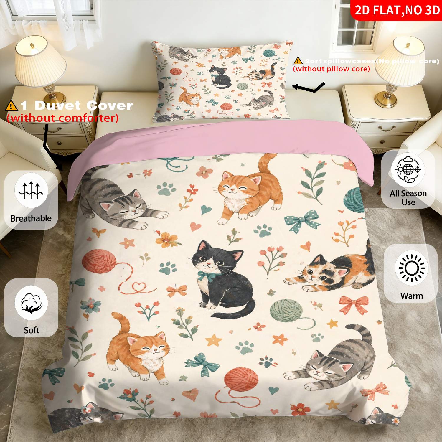 TEMU 2/3pcs 2d Flat Printing Cute Cartoon Cat Themed Quilt Cover Bedding Beige With Colorful Kittens Yarn Balls Flowers Print Suitable For Multiple