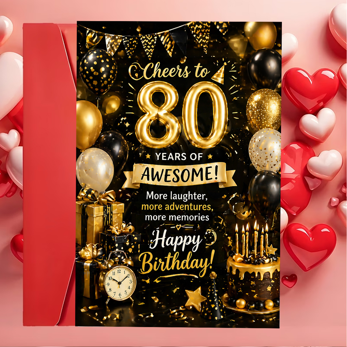 TEMU 1pc Greeting Card And 1pc Envelope. 2d Flat Luxurious Black And -themed 80th Birthday Card, Printed With "cheers To 80 Years Of Wonderful Life",