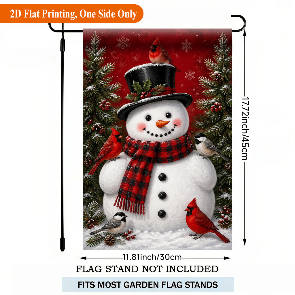 TEMU 2d Flat, 2d Flat Printing Garden Flag 1pc, Snowman With Scarf Nearby Single Sided Polyester Garden Flag, Holiday Yard Banner, For Outdoor Home,