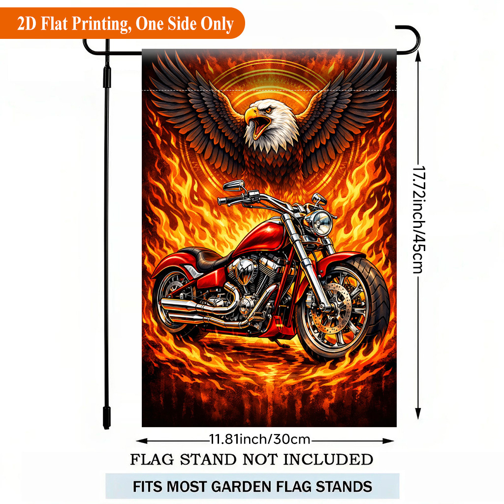 TEMU 2d Flat - 2d Flat - 2d Flat Printing Garden Flag 1pc, Flaming Eagle And Motorcycle Single-sided Polyester Garden Flag, Holiday Yard Banner, For